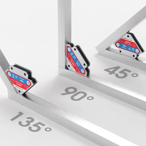 Premium Heavy Duty Welding Magnets Six Piece Set Adjustable Angle Holders With Monster Grip For 25 To 75 Pound Steel Hold Downs showing various angle clamps.