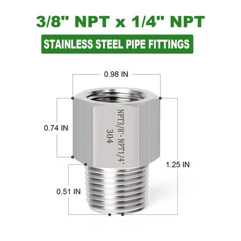 Dope 5 Piece Forged 304 Stainless Steel Reducer Adapter Set, 1/4 Inch Male NPT To 3/8 Inch Female NPT, Industrial Pipe Fittings