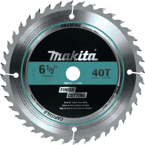 Ultra Thin Kerf 6-1/2 Inch 40T Carbide-Tipped Circular Saw Blade For Fine Crosscutting, showing Makita branding, silver teeth.
