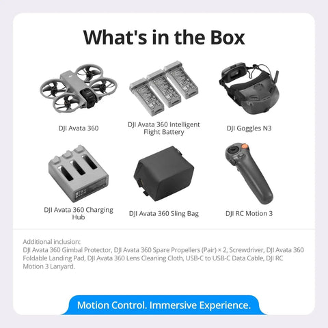 Components of 360 Motion Drone Fly More Kit With Goggles N3 And RC Motion 3, 1 Inch 8K 360 Degree Imaging, shown in box.