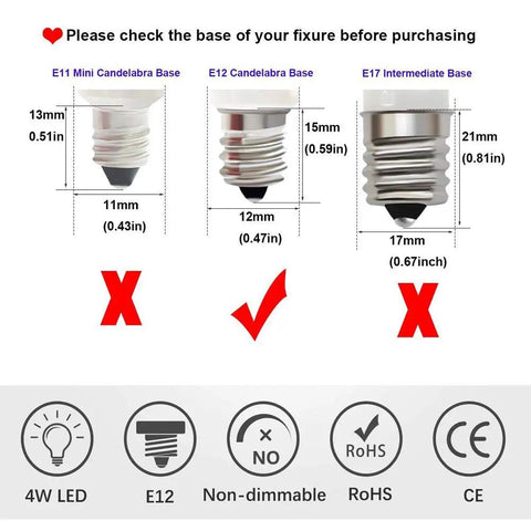 Comparison of light bulb bases: E11 Mini, E12 Candelabra, E17 Intermediate. Focus on E12 for 4W LED Light Bulb 40W Equivalent.