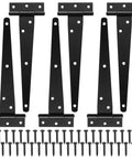Set Of Six Heavy Duty T Strap Hinges For Barns And Fences Rock Solid Zinc Plated Iron Gate Hardware With Mounting Screws, black finish.