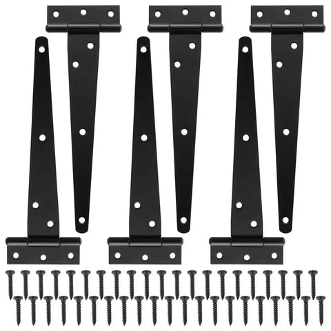 Set Of Six Heavy Duty T Strap Hinges For Barns And Fences Rock Solid Zinc Plated Iron Gate Hardware With Mounting Screws, black finish.