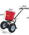 50 Pound Lawn And Fertilizer Spreader With Rustproof Poly Hopper And Epoxy Coated Frame, All Terrain Pneumatic Tires, Red