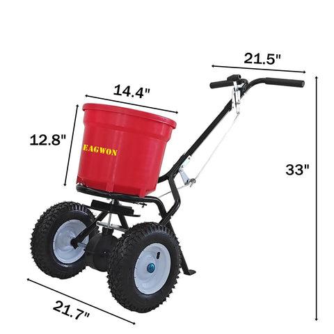 50 Pound Lawn And Fertilizer Spreader With Rustproof Poly Hopper And Epoxy Coated Frame, All Terrain Pneumatic Tires, Red