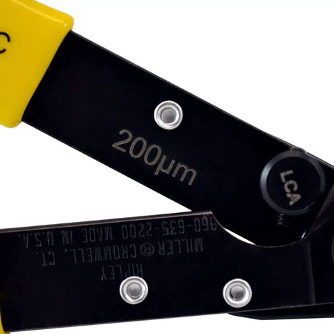 Close-up of Fiber Optic Wire Stripper Pro Grade For Technicians And Electricians, V Shaped Opening, detail of screw marks.