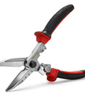 Electrician Utility Scissors 4 In 1 Tool With Tin Snips Cable Cutter Crimping Tool And Hex Wrench Pro Grade Quality For Cutting Sheet Metal Hardware Cloth Carpet Cardboard Terminals, black and red handles