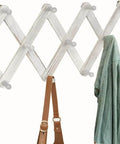 Accordion Style Wall Mounted Coat Rack With 13 Peg Hooks For Coats Hats Bags Mugs And Necklaces In Rustic White Finish