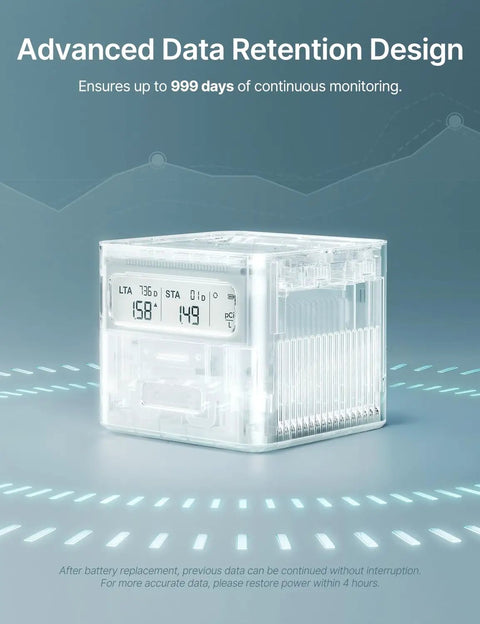 Digital Radon Detector For Basement Air Testing And Indoor Safety With Instant Readouts showing LCD display and transparent design.