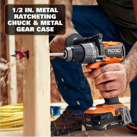 Pro Grade Brushless 18 Volt Cordless Drill Driver Kit With Compact Battery And Quick Charger, 1/2 in metal chuck, drilling into wood.