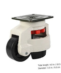 Four Pack Heavy Duty Swivel Leveling Casters Built Like A Tank For Easy Load Handling With Slick Adjustment and Smooth As Glass Rolling On Shop Tables and Industrial Equipment, close-up of caster wheel.