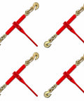 Four 5/16 To 3/8 Inch Ratchet Chain Binder Set With Grappling Hook 4 Pack Heavy Duty Load Binders arranged on white background