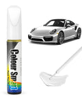 Premium White Touch Up Paint Pen For Vehicles Super Rapid Auto Scratch Remover next to a silver sports car and paint swatch.