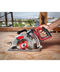 7-1/4 Inch Brushless Cordless Circular Saw Kit With Rear Handle Grip in use on wood surface during framing tasks.