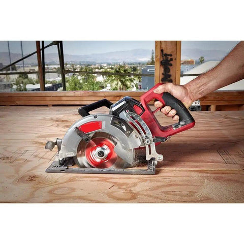 7-1/4 Inch Brushless Cordless Circular Saw Kit With Rear Handle Grip in use on wood surface during framing tasks.
