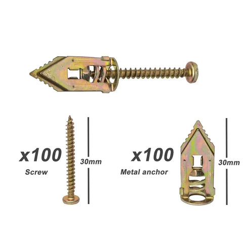 Self-Drilling Drywall Anchors Kit 12x30mm With Screws for Plasterboard Fixing, Premium Yellow Zinc-Plated Carbon Steel, Rust-Resistant No-Prep Install, Quick Mount for TVs, Shelves, Cabinets, and Wall Decor. Metal drywall anchor and screw, 12x30mm, x100