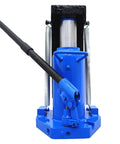 Heavy Duty Air Hydraulic Toe Jack 15 Ton Lift Plus 30 Ton Top Capacity Featuring Beefy Heat Treated Steel, blue with handle.