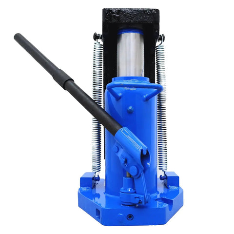 Heavy Duty Air Hydraulic Toe Jack 15 Ton Lift Plus 30 Ton Top Capacity Featuring Beefy Heat Treated Steel, blue with handle.