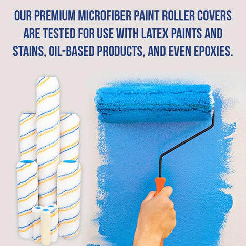 Hand using premium microfiber paint roller cover on wall, beside pack of roller covers, showcasing paint application.