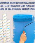 Heavy Duty Microfiber Paint Roller Covers 4 Inch Top Shelf Bulk Pack in use painting a wall with blue paint.