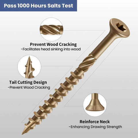 Close-up of Top Shelf One Inch Exterior Deck Screw, bronze epoxy coated with tail cutting design for wood, highlighting durability features.