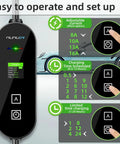 Level 1 And Level 2 EV Charger For Home Use And On The Go 8 To 16 Amp 110 To 240V NEMA 6-20P And NEMA 5-15P J1772 Compatible Intelligent LCD Display showing settings
