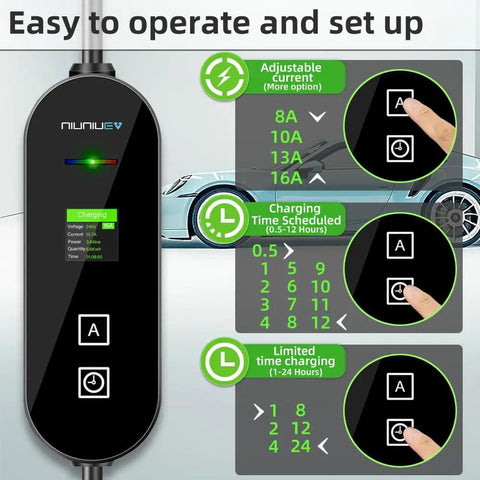 Level 1 And Level 2 EV Charger For Home Use And On The Go 8 To 16 Amp 110 To 240V NEMA 6-20P And NEMA 5-15P J1772 Compatible Intelligent LCD Display showing settings