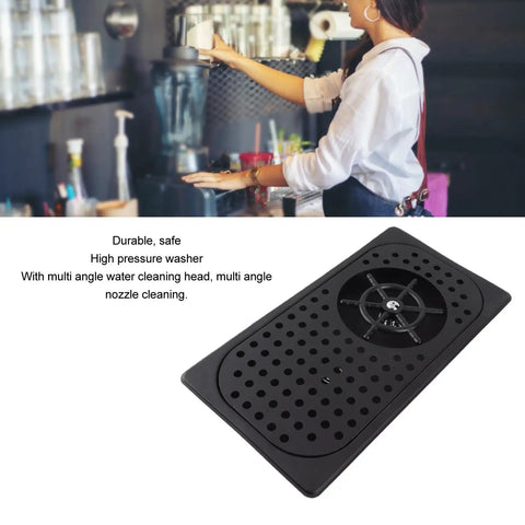 Heavy Duty 304 Stainless Steel Glass Rinser Countertop Pitcher Washer With High Pressure Jet Built In Drain Drip Tray Hose Perfect For Bars Restaurants Coffee Shops And Home Kitchens Sleek Black Finish Is A Smooth Operator No Sweat Setup in use at a bar.