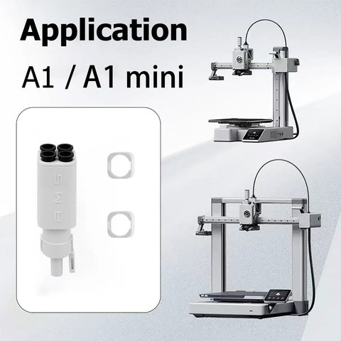 Two Pack 4 In 1 PTFE Adapter Tubing For Bambu Lab A1 A1 Mini 3D Printer Filament Guide shown with connectors and printers.