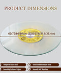 360 Degree No Fuss Silent Spin Glass Table Tray With 0.47 Inch Thick Round Top shown with dimensions and ornate center