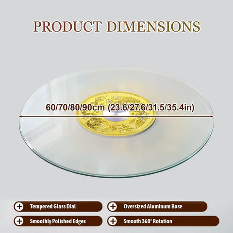 360 Degree No Fuss Silent Spin Glass Table Tray With 0.47 Inch Thick Round Top shown with dimensions and ornate center