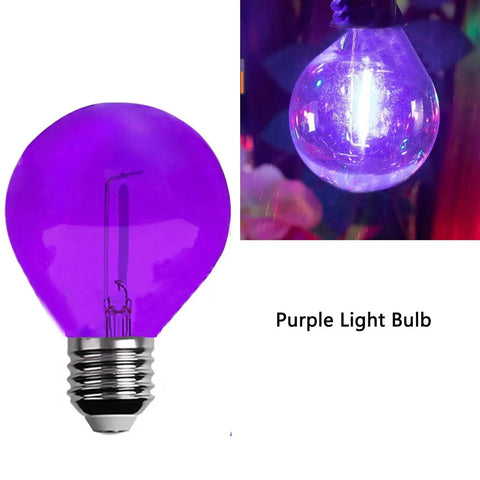 Purple Shatterproof 1W LED G40 Globe Bulbs For Indoor Outdoor Patio String Lights With E12 C7 Candelabra Base Durable Plastic Build 15 Pack Perfect For Patio Decor And Parties featuring close-ups.