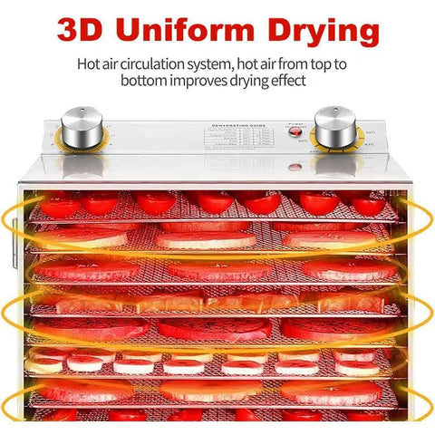 Heavy Duty Commercial Food Dehydrator With A Sweet Large Capacity And Kickin Performance For Preserving Fresh Fruits Veggies Meats And Herbs Stainless Steel Appliance showing 3D uniform drying with trays of sliced vegetables.