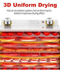 Heavy Duty Stainless Steel Food Dehydrator Packs 12 To 18 Trays for Mass Batch Prep showing 3D uniform drying of food.