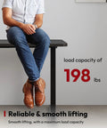 Person sitting at Heavy Duty Dual Motor Electric Standing Desk 71 By 32 showcasing load capacity of 198 lbs.