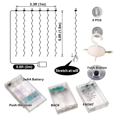 Diagram of White Short Curtain Lights For Small Window 3.3x5Ft Fairy Lights With Timer And 8 Clips Battery Powered 96 LED