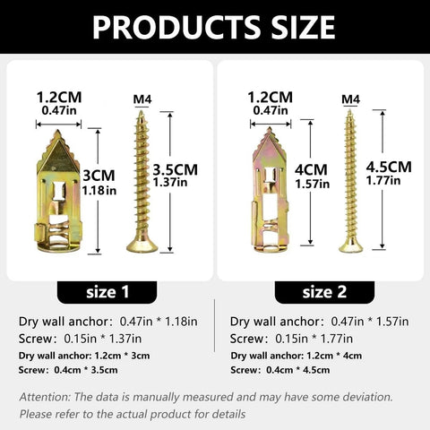 Size chart for Self Drilling Drywall Anchors And Screws Kit For Quick No Pre Drill Installation Includes 20 Anchors And Screws In 1.18 Inch And 1.37 Inch Sizes