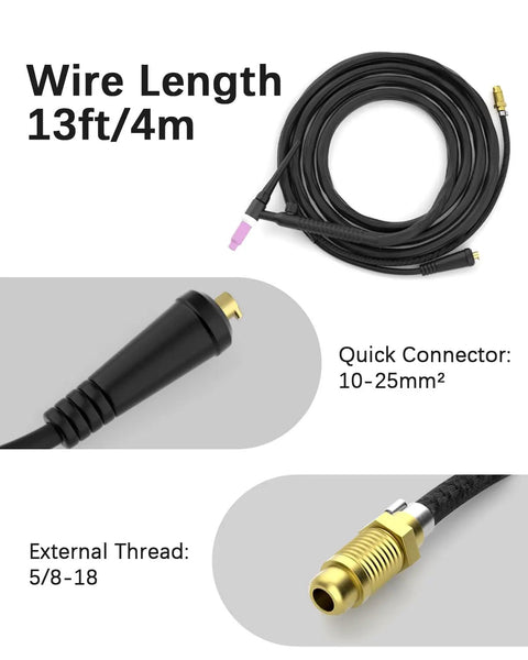 TIG Welding Torch WP17V Four Meter Welder Gun with black coil, quick connector, and external thread, air cooled.