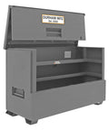 Heavy Duty All Welded Steel Job Site Cabinet For Secure Outdoor Storage With Forklift Ready Legs and Triple Padlock Security, open view showing interior shelves.