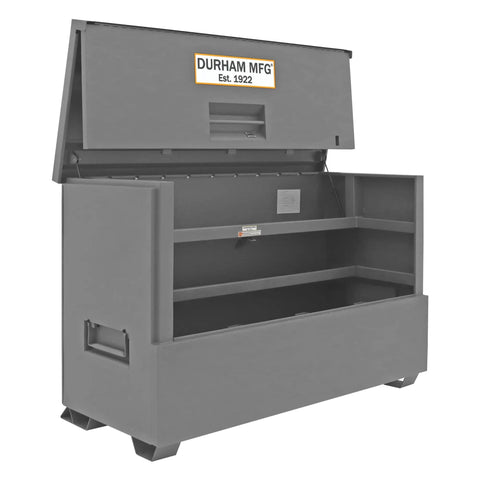 Heavy Duty All Welded Steel Job Site Cabinet For Secure Outdoor Storage With Forklift Ready Legs and Triple Padlock Security, open view showing interior shelves.