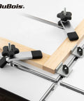Heavy Duty Universal Aluminum T Track Four Pack with clamps on wood, showcasing predrilled mounting holes for woodworking.
