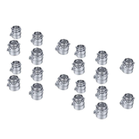 20-Pack of One-Inch Squeeze Conduit Connectors Crafted from Die Cast Zinc Alloy with Heavy-Duty Reversible Locking Nuts arranged on a white background.