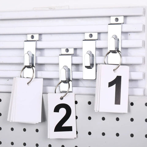 50 Pack Slatwall Hooks Notch Hangers for Wall Displays Metal Pegboard Slat Grid Accessories shown holding numbered cards