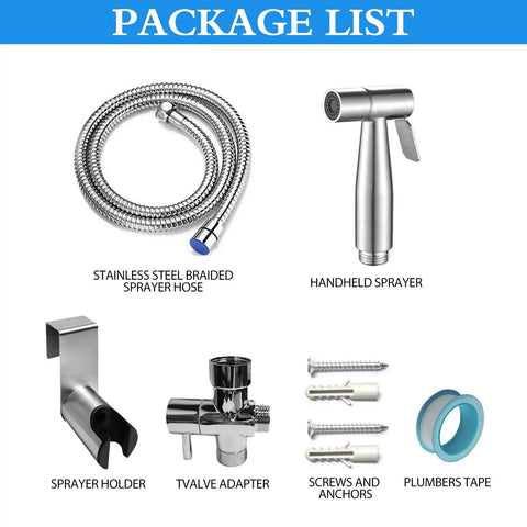 Package list showing components of Handheld Bidet Sprayer For Toilet With Adjustable Water Pressure Stainless Steel Hose Attachment