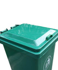 Rock Solid 240L Outdoor Trash Can With Flip Top Lid And Smooth Rolling Wheels Galvanized Steel Roll Bin Truck Ready For Commercial Garbage Hauling Green close-up of the lid