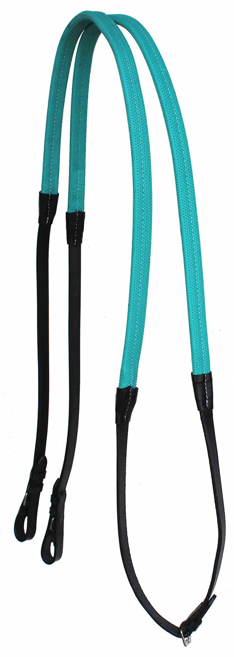 54 Inch English Rubber Grip Schooling Reins For Horses, Black Turquoise Leather Training Reins With Non Slip Thick Rubber Grip.