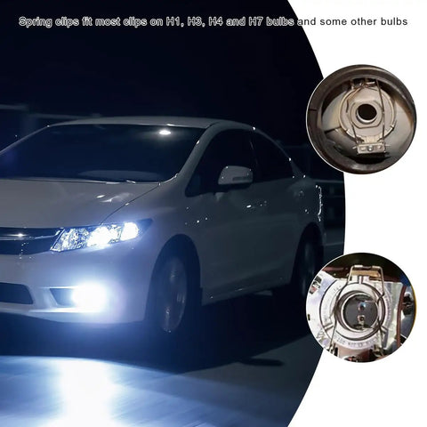 9-Piece Bulb Retaining Spring Clips For H1 H3 H4 H7 Headlights shown with vehicle headlights on at night