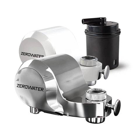 Chrome Faucet Mount Water Filter With WQA Certified PFOA PFOS And Chlorine Reduction next to replacement filter on white background