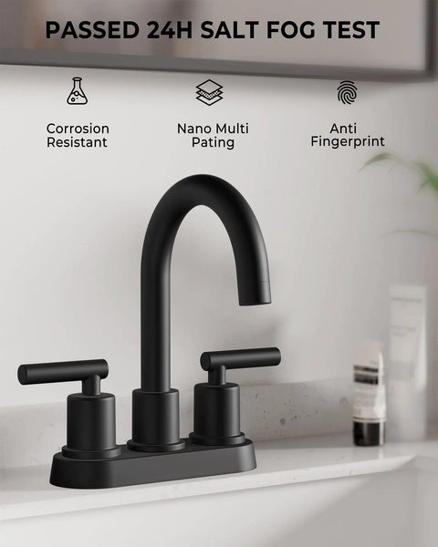 4 Inch Centerset Bathroom Faucet With Two Handles, No Leak Modern Black Lavatory Vanity Faucet on countertop