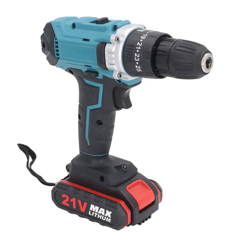 Heavy Duty Cordless Electric Drill Kit With Two 21V Lithium Batteries And Quick Swap Chuck shown from the side with black and blue design.
